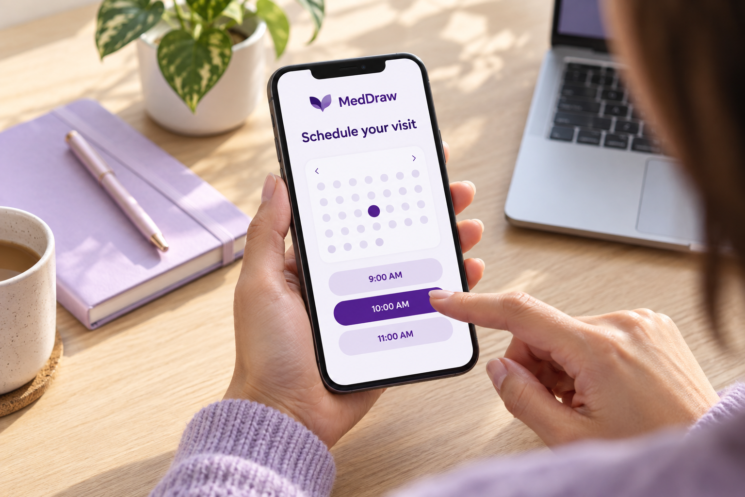 Illustration of selecting a MedDraw appointment on a smartphone